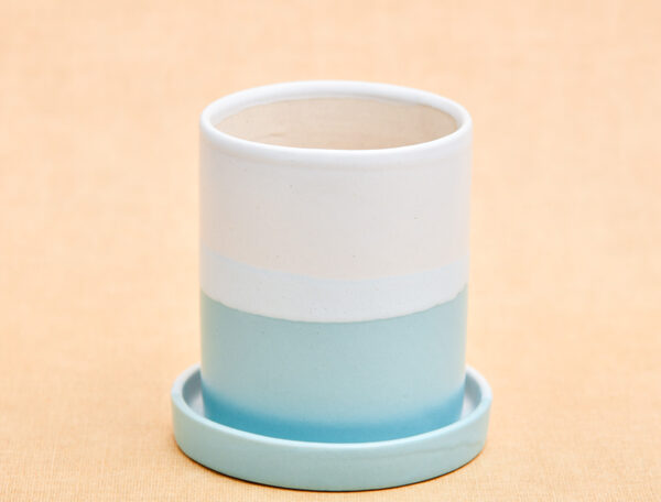 3.1 inch CP044 Cylindrical Ceramic Pot with Plate (White, Cyan Blue)