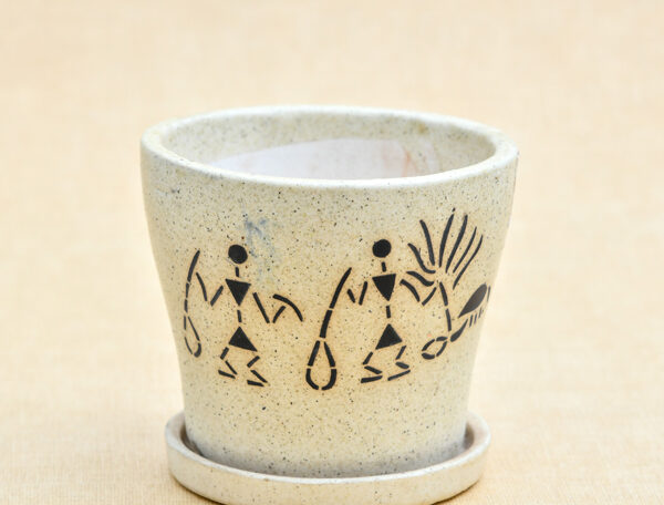 3.9 inch Warli Painting Marble Finish Round Ceramic Pot with Attached Plate (Light Brown)