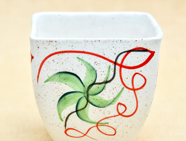 4.3 inch Painted Flower Marble Finish Square Cone Ceramic Pot with Rounded Edges (White)