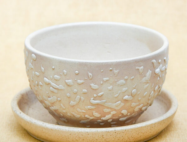 4.2 inch CP015 Embossed Bowl Round Ceramic Pot With Plate (Beige)
