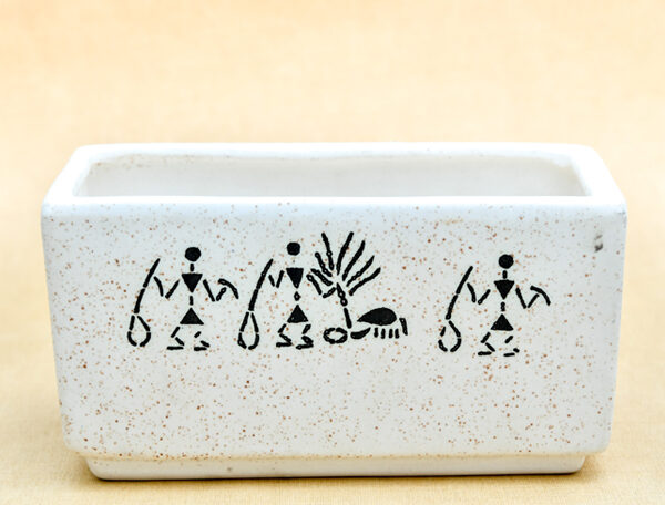 8.4 inch Warli Painting Marble Finish Rectangle Ceramic Pot (White)