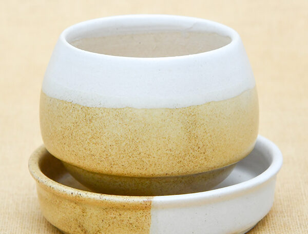 2.5 inch CP003 Jar Shape Round Ceramic Pot With Plate (White, Beige)