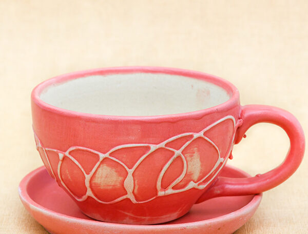 4.5 inch CP010 Embossed Cup Shape Round Ceramic Pot with Plate (Peach)